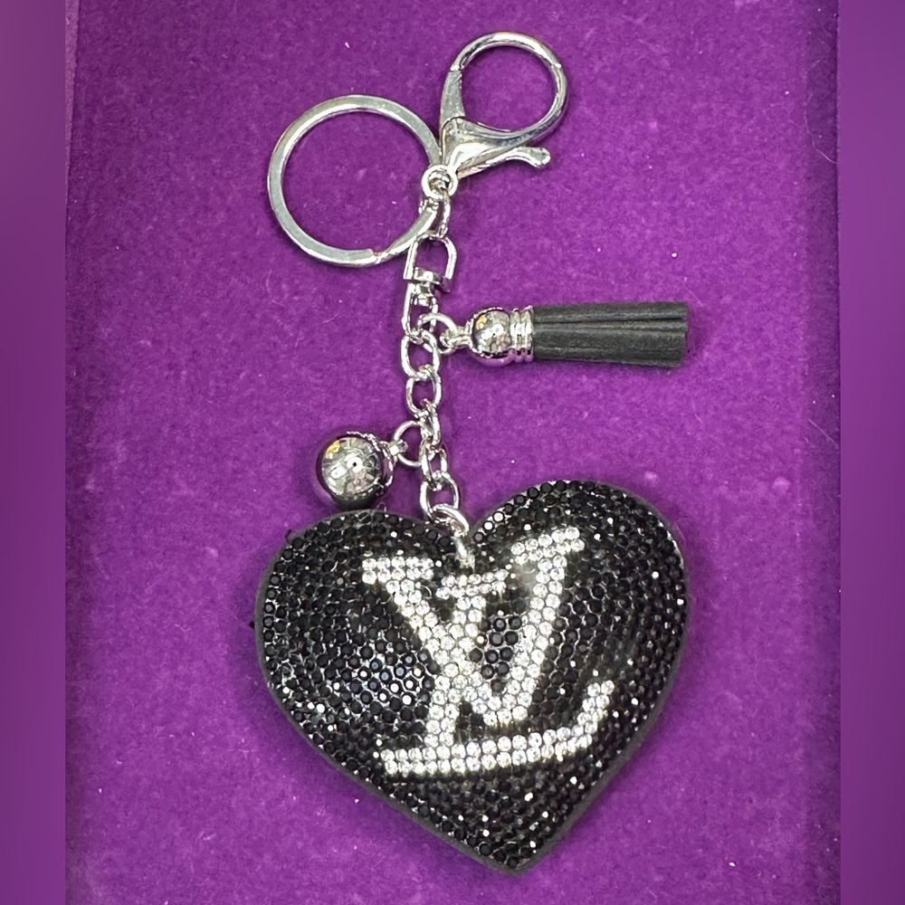 Black Sparkle Heart Bag Charm | Rhinestone Keychain | Exact Item Shown